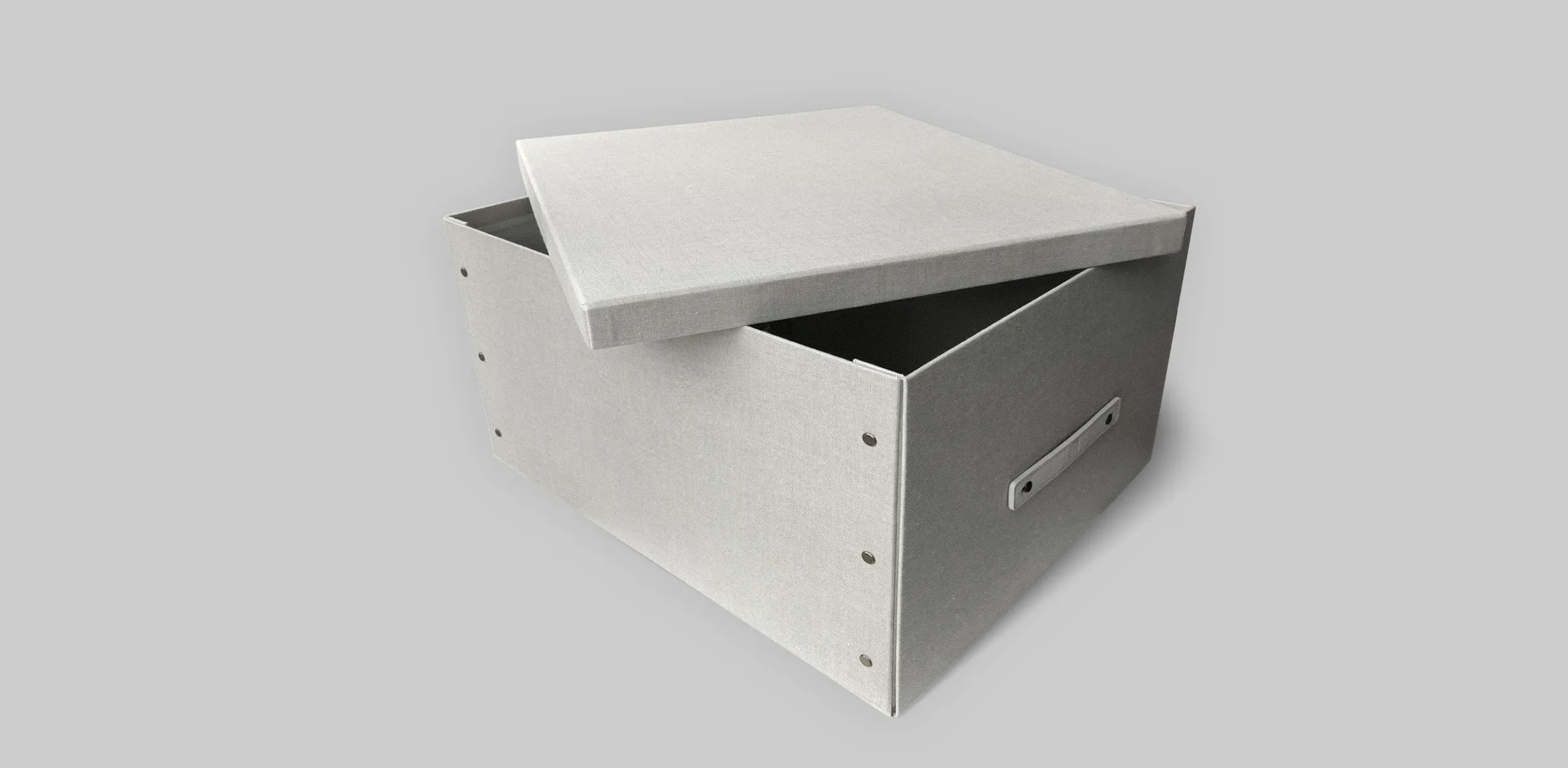 Короб для зберігання 400x500×290 мм. Оздоблення: Тканина Light Grey, ручка: Шкіра White